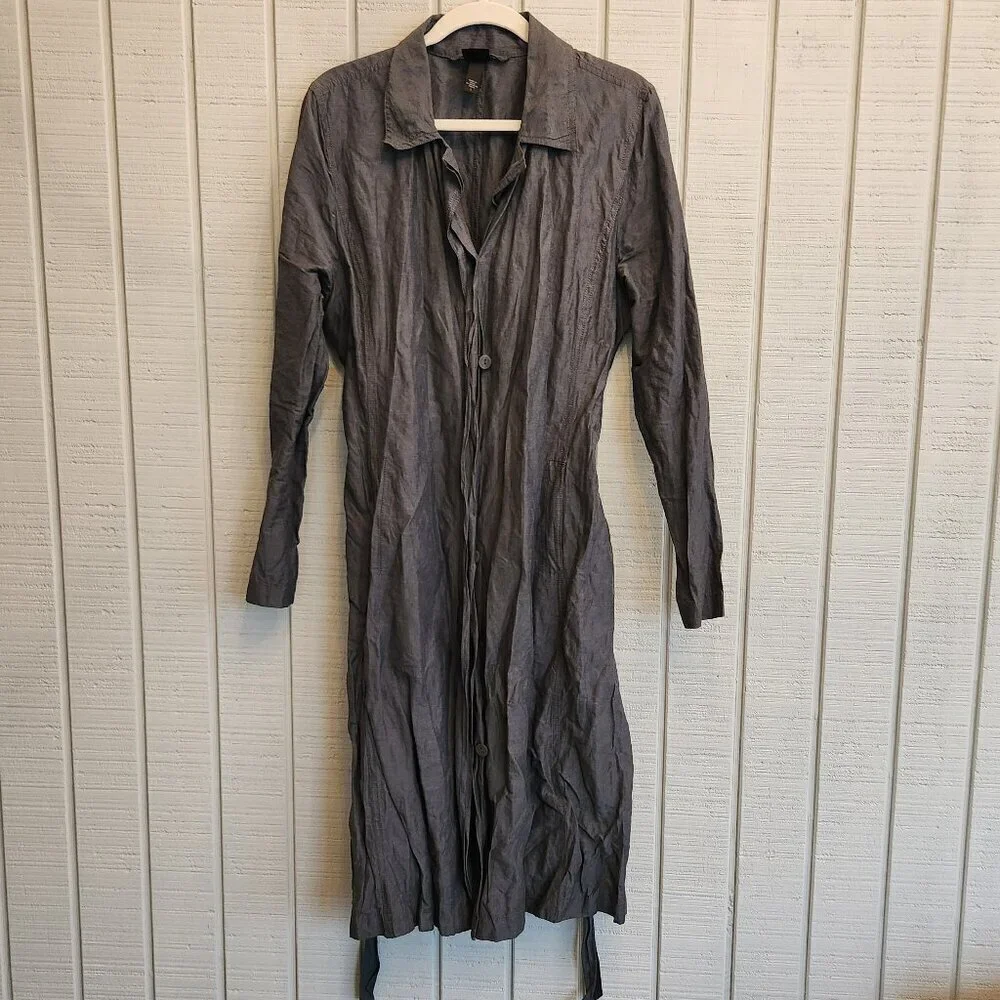 Eileen Fisher Crinkle Gray Belted Topper Coat Dress - Picture 1 of 6